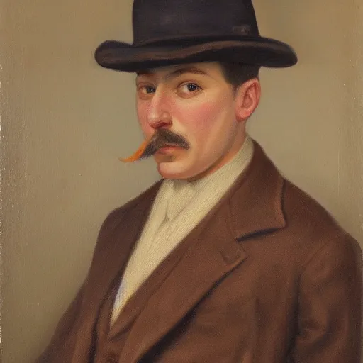 Prompt: portrait of a british man in a flat hat, a small mustache, and a nice brown suit, oil painting