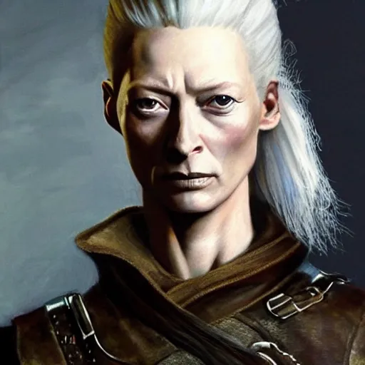 Image similar to ultra realistic portrait painting of tilda swinton as geralt of rivia, art by frank frazetta, 4 k, ultra realistic, highly detailed, epic lighting