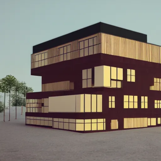 Image similar to bauhaus inspired wooden architecture render 8k