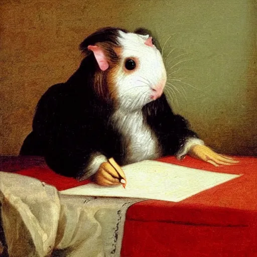 Image similar to a 1 8 th century painting of a guinea pig writing a letter, realistic oil paint