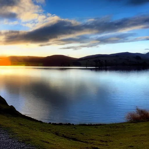 Prompt: sunset at the Lake District