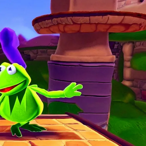 Prompt: screenshot of a kermit the frog as an npc in spyro the dragon video game, with playstation 1 graphics, activision blizzard, upscaled to high resolution