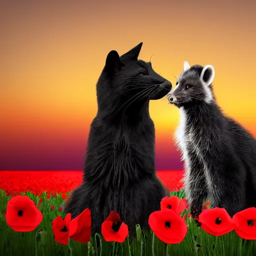 Image similar to a closeup photorealistic photograph of a two different black adult cats sitting on 4 paws next to big a black and white adult racoon in a field of poppy with a red sunset in the background. This 4K HD image is Trending on Artstation, featured on Behance, well-rendered, extra crisp, features intricate detail and the style of Unreal Engine.