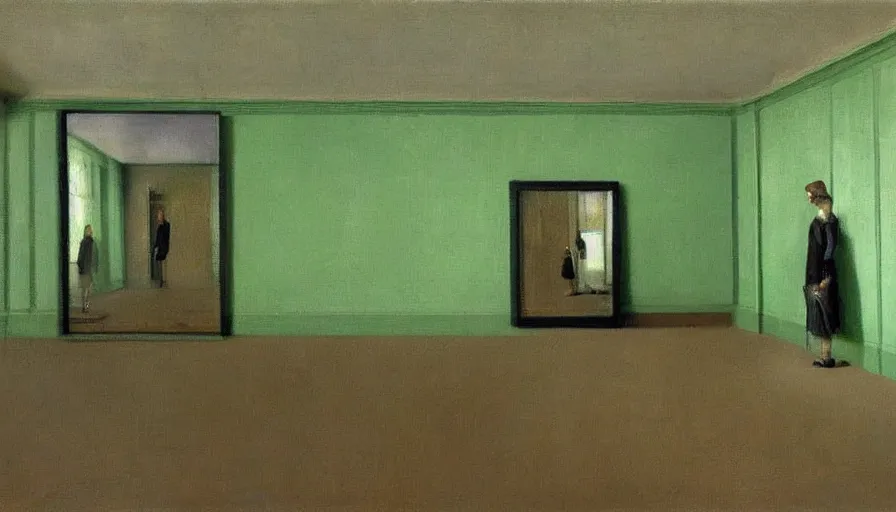 Prompt: painting by borremans, queen in light green hall with mirrors on the walls, detailed, stunning