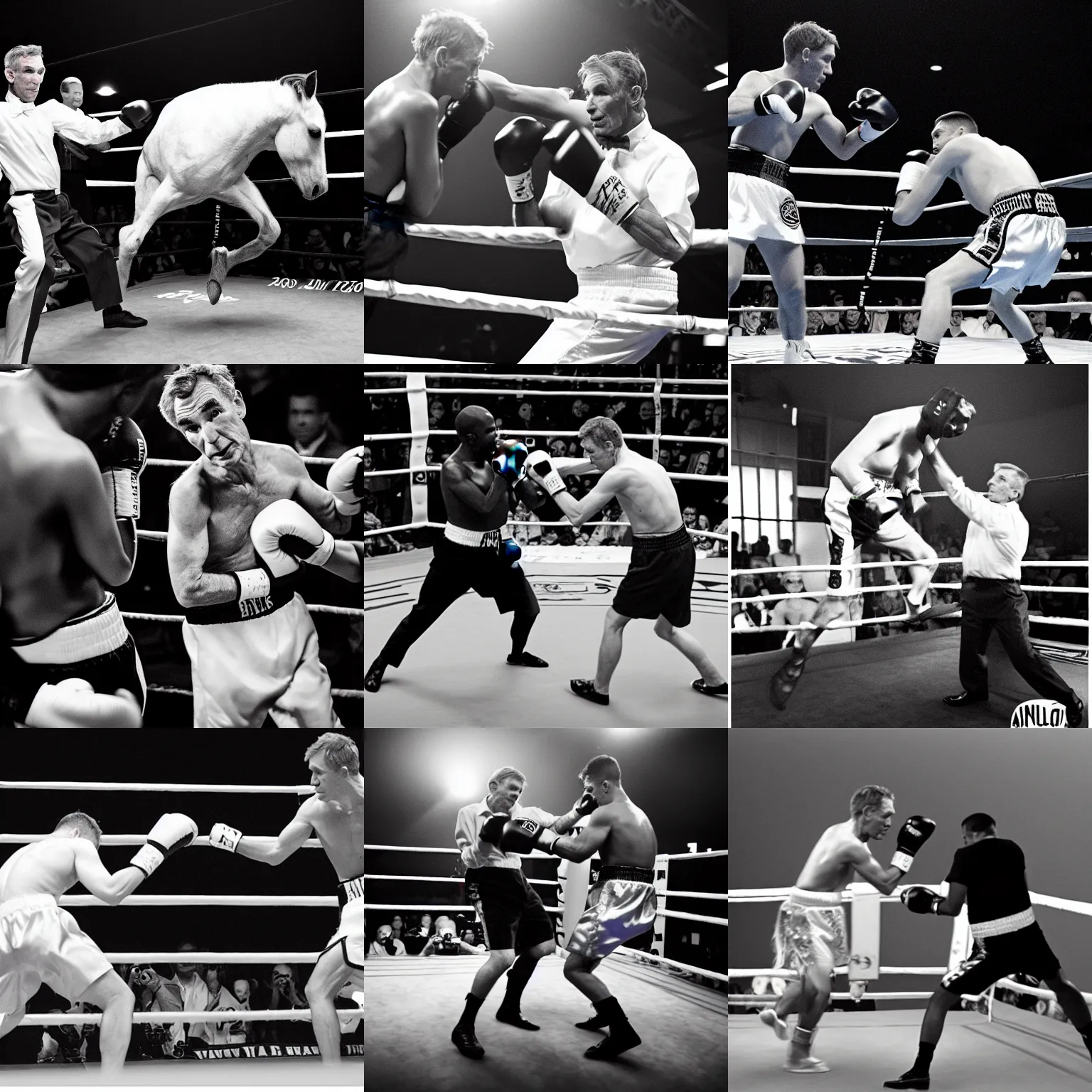 Prompt: boxing match, bill nye fights a black and white horse, animal photography