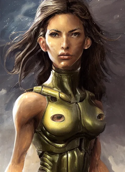 Prompt: a professionally painting of an attractive young girl, partially clothed in sci-fi military armor, olive skin, long dark hair, beautiful bone structure, perfectly proportioned, symmetrical facial features, intricate, elegant, heroic pose, digital painting, concept art, smooth, sharp focus, finely detailed, beautifully framed, from Metal Gear, in the style of Greg Rutkowski and William-Adolphe Bouguerea, trending on Artstation, award winning