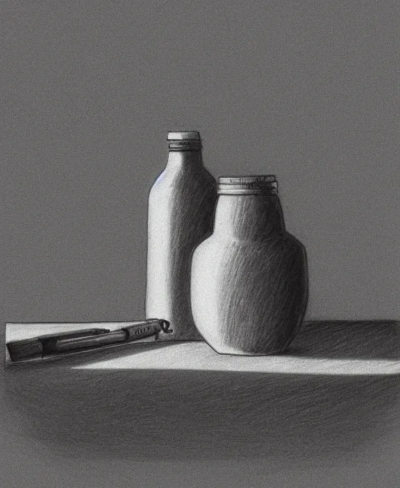 Image similar to a pencil drawing of one round potion bottle on a messy table, sunlight from a window, soft lighting, atmospheric, bottle is the focus. by pen tacular