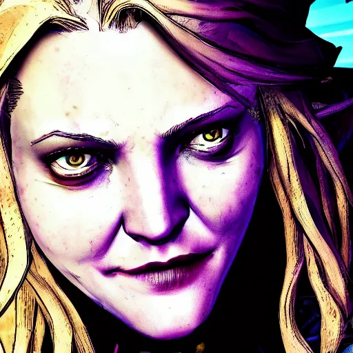 Prompt: drew barrymore portrait, borderlands, tales from the borderlands, the wolf among us, comic, cinematic lighting, studio quality, 8 k