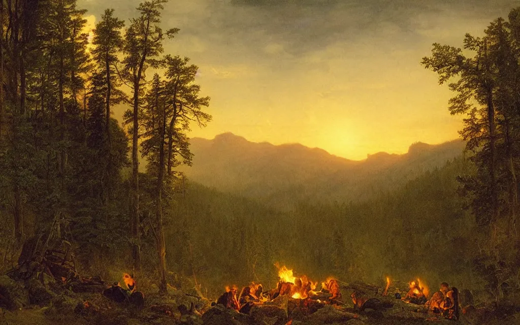 Prompt: campfire on the edge of a forest overlooking a beautiful valley at dusk, cinematic lighting, intricate ink illustration, by albert bierstadt