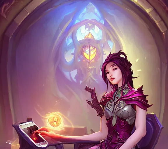 Image similar to bored woman checking her phone phone, fantasy, whimsical, horror, dungeons and dragons, league of legends splash art, heroes of the storm splash art, hearthstone splash art, world of warcraft splash art, overwatch splash art, art by artgerm, art by alphonse mucha, intricately detailed, highly detailed, trending on artstation, 4 k, wallpaper