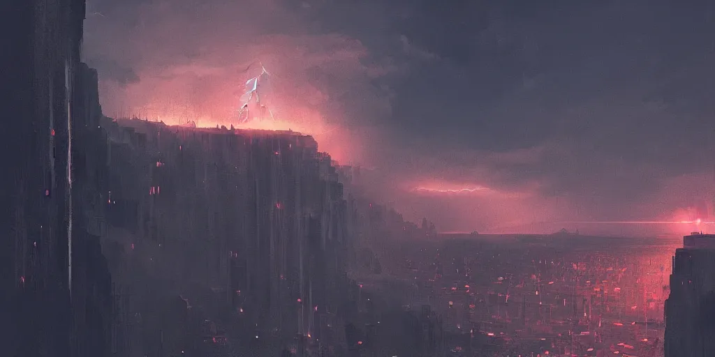 Prompt: a city on a big cliff, eery, scary, dark, lightning, digital art by alena aenami