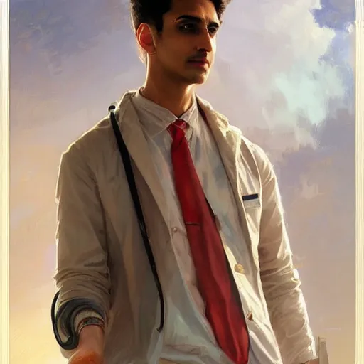 Image similar to Anxious good looking pale young Indian doctors wearing American clothes at the airport, portrait, elegant, intricate, digital painting, artstation, concept art, smooth, sharp focus, illustration, art by artgerm and greg rutkowski and alphonse mucha