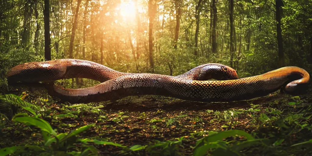 Image similar to a highly detailed giant snake god floating in the middle of a forest, beautiful ambient light, sun rays hitting the slightly translucent creature, his eyes are black and stare deeply into our soul, golden hour, 8k photography