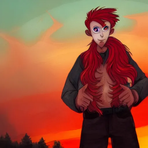 Image similar to a comic - like red haired boy with red eyes and surrounded by fire and a red sky