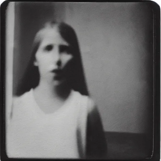 Prompt: an ancient evil-girl devouring the human souls on a mysterious abandoned School , mist, 1910 polaroid photography, grainy film, Black and white