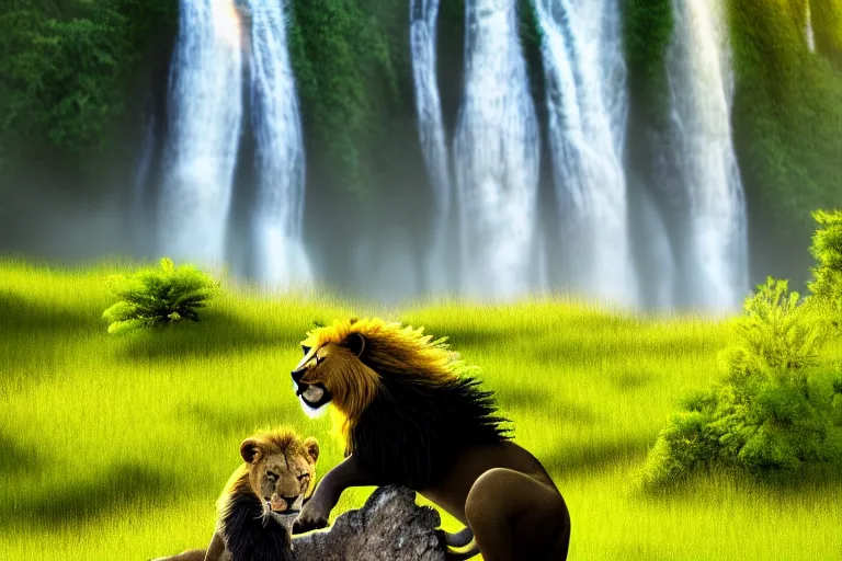 Prompt: two animals : a lion and a honey badger, sitting in a meadow with a waterfall in the background, many details, high quality, 8 k