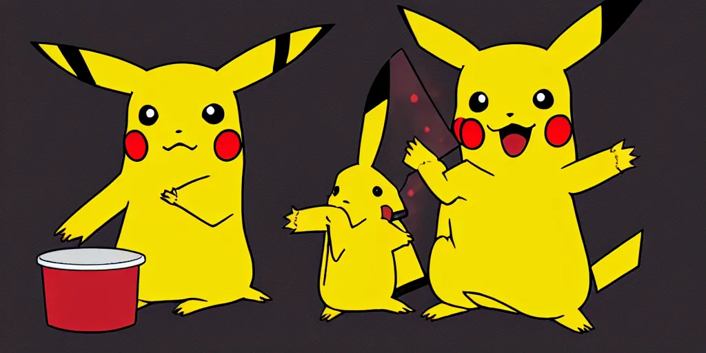 Prompt: pikachu devouring a dog, sharp teeth burtal eyes scary mouth dark room red candles trash bin