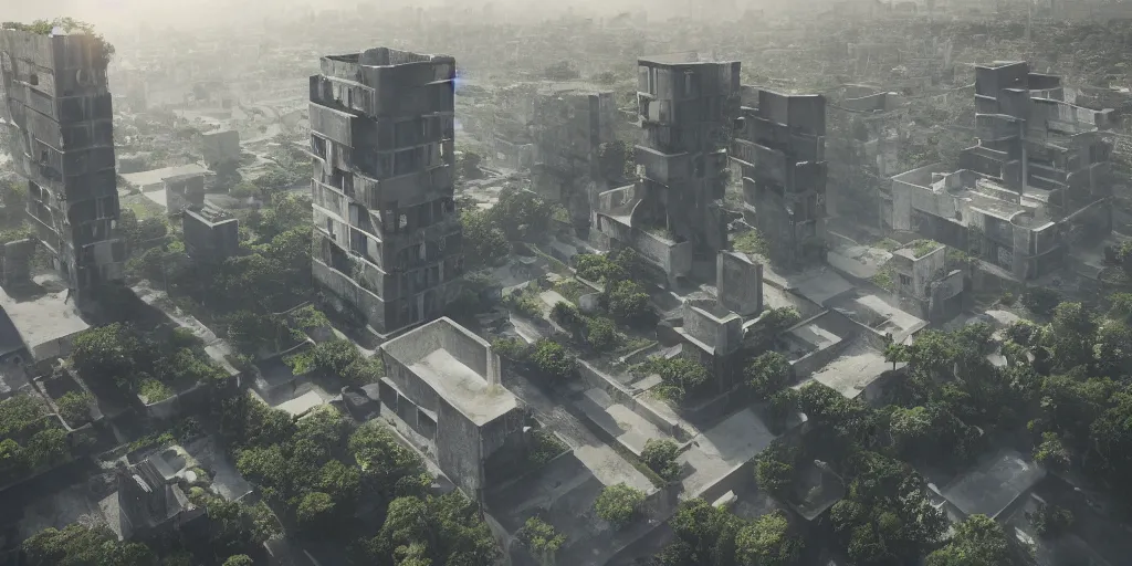 Prompt: brutalist concrete pyramids by Le Corbusier, abandoned temples, empty city streetscapes, surrounded by lush green vegetation, ground-level view, puddles of water, stunning volumetric lighting, sunset, trending on Artstation, 8k, photorealistic, hyper detailed, unreal engine 5, cinematic, epic lighting, cryengine, octane render, cyberpunk,, dark, gloomy