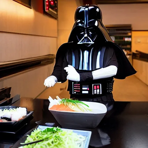 Prompt: darth vader making sushi behind a counter at a sushi restaurant