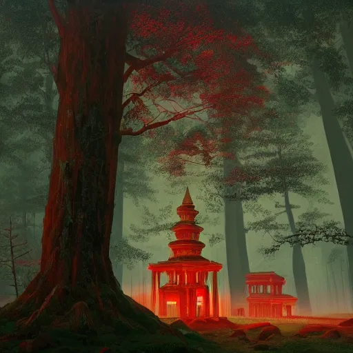 Prompt: red ancient temple, green hills, big trees, star trails, dramatic lighting, artstation, matte painting, caspar david friedrich, simon stalenhag