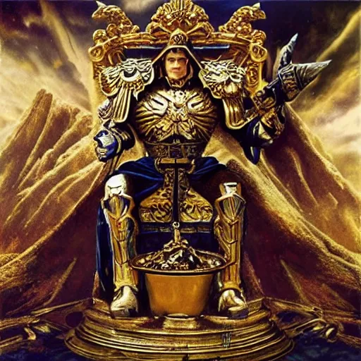 Prompt: The emperor of mankind is sitting on a golden toilet bowl