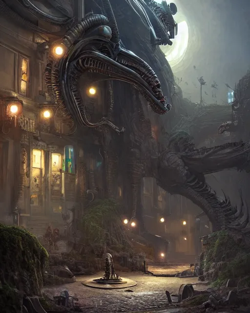 Prompt: xenomorph truck in a robust fantasy village, calming, uplifting mood, ultra realistic, factory, funny, small buildings, highly detailed, epic lighting, illuminated, cinematic, morning, art by eddie mendoza