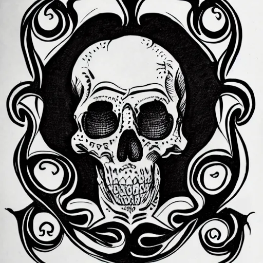 Prompt: baroque skull in the style of the Voynich manuscript outline tattoo design, black ink on white paper