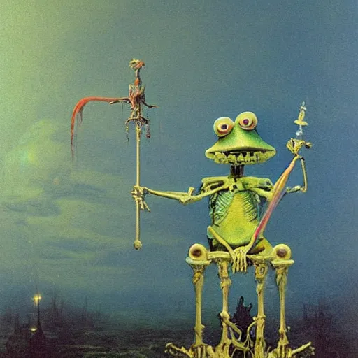 Prompt: muppet frog horseman riding a glowing baroque unicorn skeleton, foggy night, in style of tarot card, painting by beksinski, part by adrian ghenie and neo rauch, in color palette of francis bacon, eerie, mystical, sublime