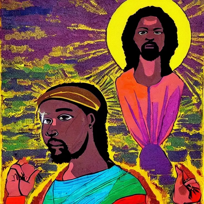 Image similar to UFO hovering over an African Jesus , colourful, in the style of Nigerian truck art,