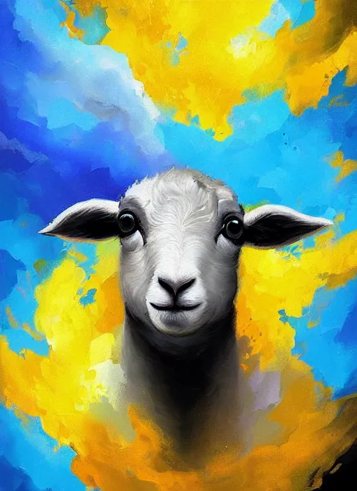 Image similar to a painting of a lamb's face with blue and yellow smoke coming out of, a digital painting by petros afshar, behance contest winner, digital art, behance hd, digital illustration, digital painting