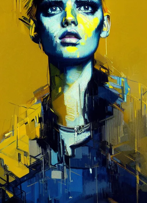 Prompt: portrait of a beautiful girl, new york backdrop, sad, shades of blue and yellow, beautiful face, rule of thirds, intricate outfit, spotlight, by greg rutkowski, by jeremy mann, by francoise nielly, by van gogh, digital painting