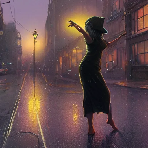 Image similar to highly detailed a woman dancing in the rain revfrom the simpsons, in gta v, stephen bliss, unreal engine, fantasy art by greg rutkowski, loish, rhads, ferdinand knab, makoto shinkai and lois van baarle, ilya kuvshinov, rossdraws, tom bagshaw, global illumination, radiant light, detailed and intricate environment