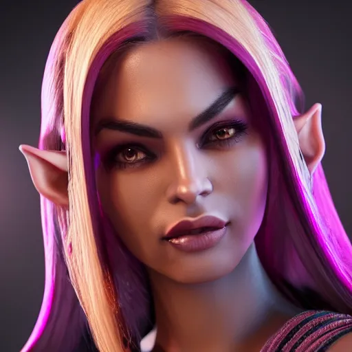 Prompt: portrait of a beautiful female high elf with tan skin, magenta eyey, dark skin. 3 d octane render trending on art station 8 k