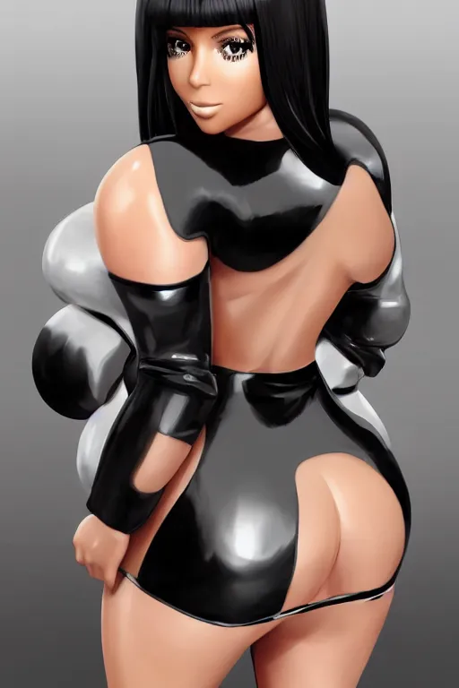 Image similar to photorealistic 3 d render of kim kardashion as an impossibly curvy anime girl wearing a latex outfit, by artgerm and earl norem, featured on pixiv, booru, exaggerated proportions, high resolution digital art, 4 k, beautiful symmetric face, subsurface scattering, volumetric lighting, realistic skin texture