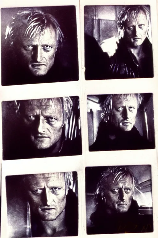 Image similar to old polaroids with rutger hauer, ford, sir ridley taken on the set of blade runner, 1 9 8 2