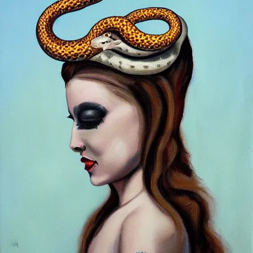 Image similar to a painting of a woman with a snake on her head, an album cover by richard mortensen, tumblr, transgressive art, grotesque, freakshow, strange