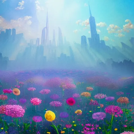 Prompt: i am flying towards the city of flowers, arms outstretched, birds fly beside me, towering flowers, translucent petals, spiral settlement on stem, riding the seed pod, beautiful textured lighting, water nozzles spraying mist, sunlight reflecting through water, global illumination, dappled lighting, high sharpness, subtle aperture gradient, style of albert bierstadt