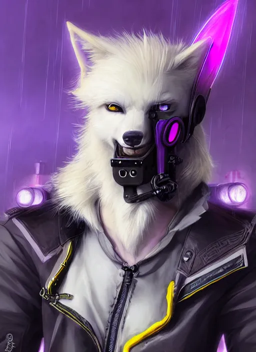 Image similar to award winning beautiful portrait commission of a male furry anthro albino wolf fursona with a tail and a cute beautiful attractive detailed furry face wearing stylish black, purple and yellow cyberpunk biker clothes in a cyberpunk city at night while it rains. Character design by charlie bowater, ross tran, artgerm, and makoto shinkai, detailed, inked, western comic book art