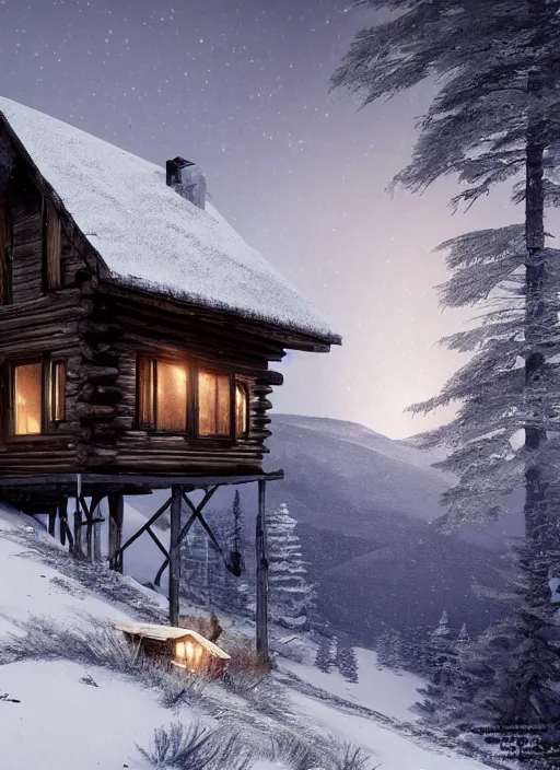 Image similar to an abandoned cabin on the top of a snowy mountain, waxing moon, greg rutkowski, 8 k, shallow depth of field, intricate detail, concept art,