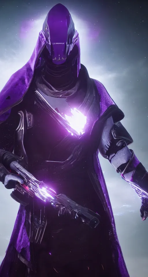 Image similar to Destiny 2 warlock portrait, head to toe, cinematic, vfx, particle lighting, purple void particles, rule of thirds, space wizard, unreal engine 5