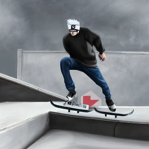 Image similar to kakashi at a skatepark, 8k, fully detailed, cinematic lighting, professional digital painting, kickflip,