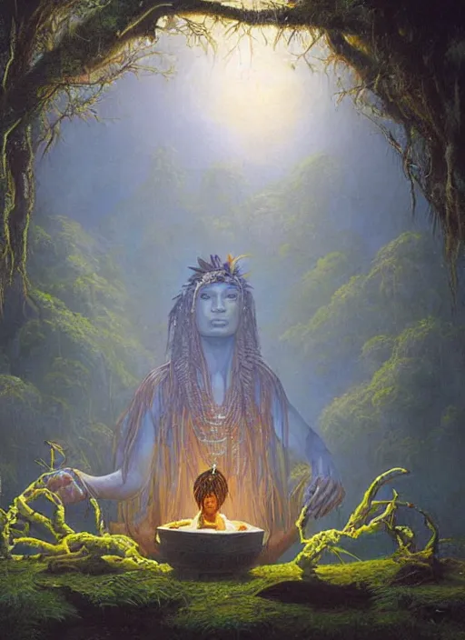 Prompt: a beautiful painting of an amazonian ayahuasca shaman enlightened, drinking ayahuasca, having visions, matte painting, by christophe vacher