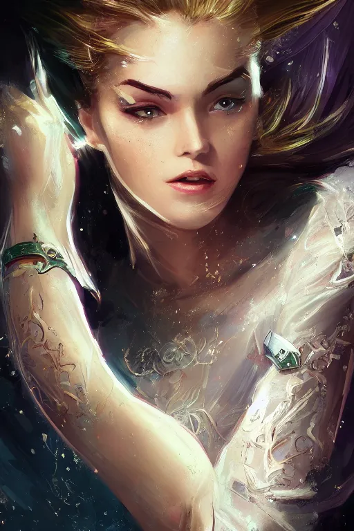 Image similar to three quarters portrait pose of a beautiful woman,super heroine costume,super powers, fantasy, intricate, elegant, highly detailed, digital painting, artstation, concept art,shining, sharp focus, illustration, art by Stanley Lau