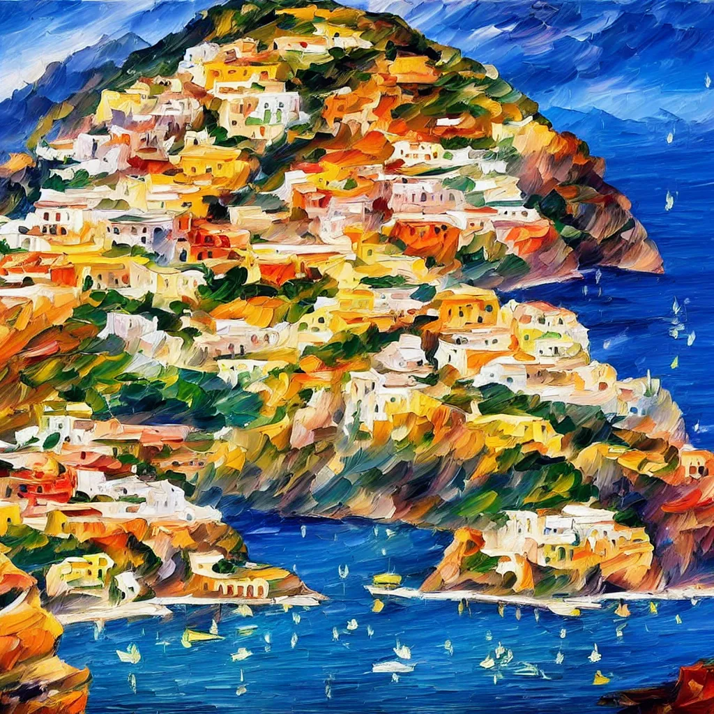 Prompt: Oil painting of the Positano Coast by Leonid Afremov