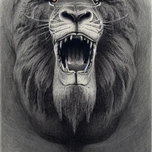 Image similar to metamorph with four faces : man, lion, eagle, bull. drawn by zdzislaw beksinski