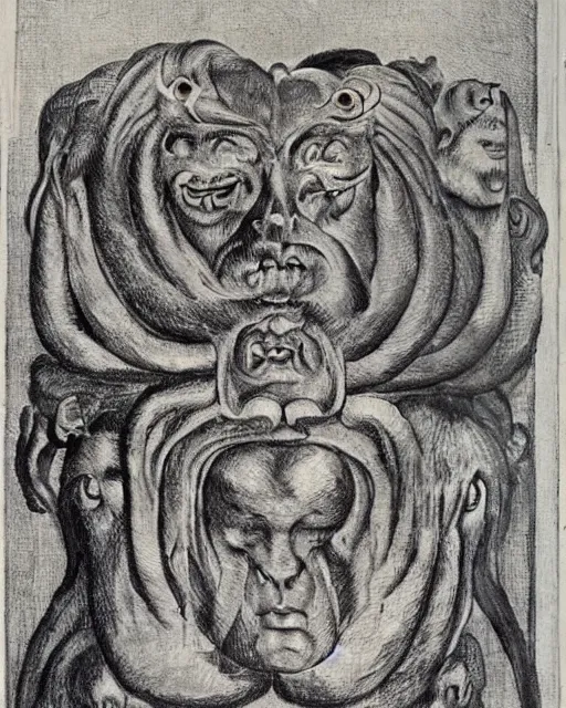 Image similar to a creature with four heads. one human head, second eagle head, third lion head, fourth ox head. drawn by francis bacon