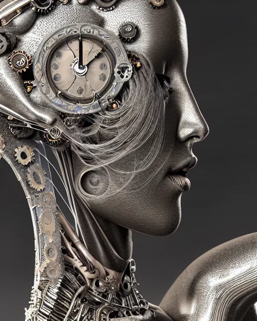 Image similar to mythical organic bio-mechanical spinal ribbed profile face portrait detail of silver mechanical beautiful female angelic-queen-vegetal-cyborg, highly detailed, intricate steampunk ornate, poetic, 3D render, digital art, octane render, 8K artistic photography, photo-realistic, by Dora Maar