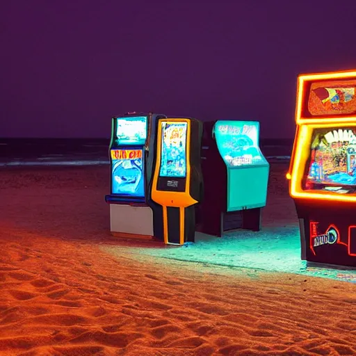 Image similar to a lovely arcade machine on the beach at night. photograph in the style of simon stalenhag