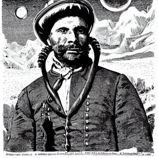 Prompt: 19th century scruffy american trapper, overlooking martian landscape, pulp science fiction illustration