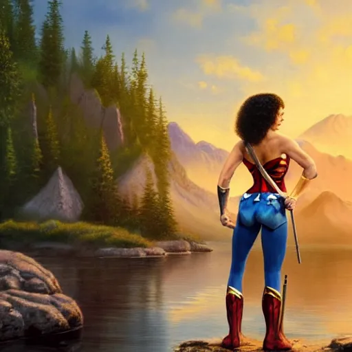 Image similar to a closeup photorealistic photograph of bob ross working on a canvas painting of wonder woman. film still. brightly lit scene. mountains and trees. this 4 k hd image is trending on artstation, featured on behance, well - rendered, extra crisp, features intricate detail, epic composition and the style of unreal engine.